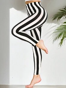 Women's Fashion Casual Sports Leggings, Elegant & Comfortable Black & White Thick Stripes Pattern, Stretchy Tights For Gym Workout, Running, Push-Ups, Squats, Yoga, Outdoor Walking, Hiking, Vacation, Ankle Length