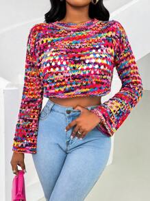 Chiquease 休闲日常纯色镂空圆领短款喇叭袖毛衣，秋冬