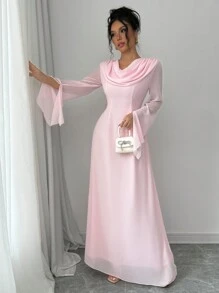 Selianne Elegant Romantic Flare Sleeve Ruffled Collar Women Dress Maxi Women Outfit Fall Cloth For Women - Pink - View 3