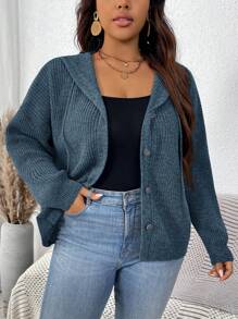 SHEIN LUNE 大码女式纯色休闲针织长袖连帽开衫，秋冬 - 霧霾藍 - 查看 6