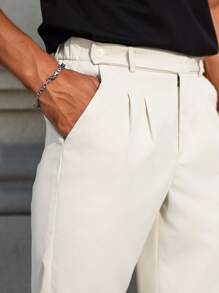 Manfinity Homme Quần ống côn xếp ly tối giản màu trơn cho nam, quần dài công sở ống côn trơn, dành cho chồng, quà tặng bạn trai, mùa thu - Màu be - Xem 6
