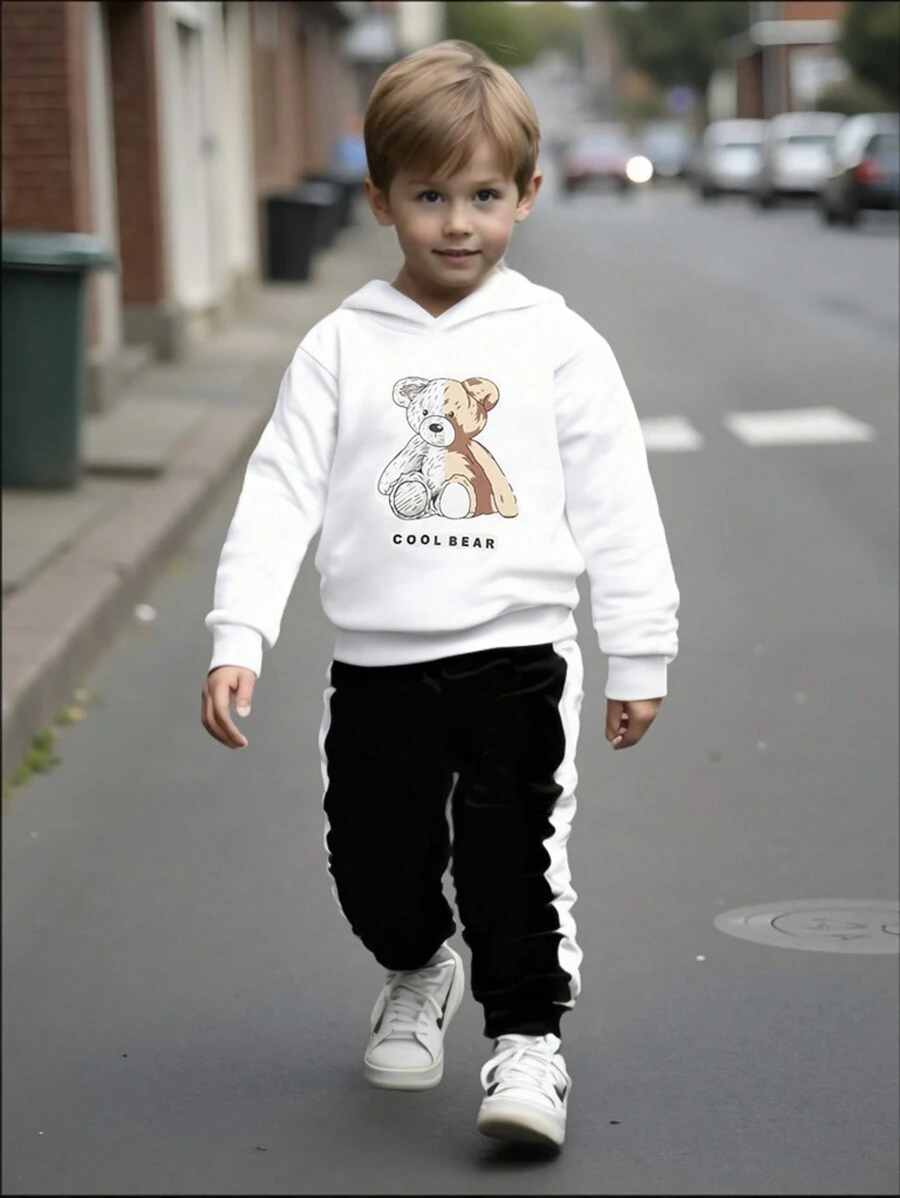 SHEIN 2pcs Young Boy Cartoon Print Hoodie Long Sleeve Top And Contrast Color Pants Set - Multicolor - View 1