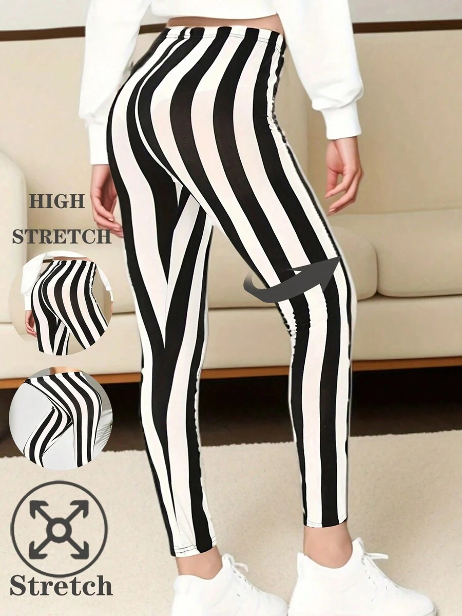 Women's Fashion Casual Sports Leggings, Elegant & Comfortable Black & White Thick Stripes Pattern, Stretchy Tights For Gym Workout, Running, Push-Ups, Squats, Yoga, Outdoor Walking, Hiking, Vacation, Ankle Length