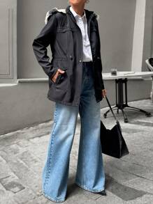 EURMUSE 女士可拆卸毛领连帽衬里大衣、派克大衣 - 黑色 - 查看 6