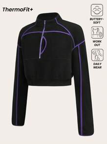 Innovista Innovista Women's Black And Purple Fleece Jacket,Autumn Athleisure Workout Zip Up Sweatshirt,Outdoor Warm Long Sleeve Coat For Hiking,Mountaineering,Ski&Sports - Black - View 3