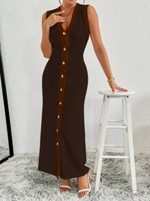 Elenzga Women Colorblock V-Neck Button Design Sleeveless Long Sweater Dress, Autumn