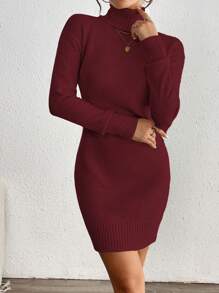 Chiquease Women Simple Solid High Neck Drop Shoulder Loose Fit Sweater Dress