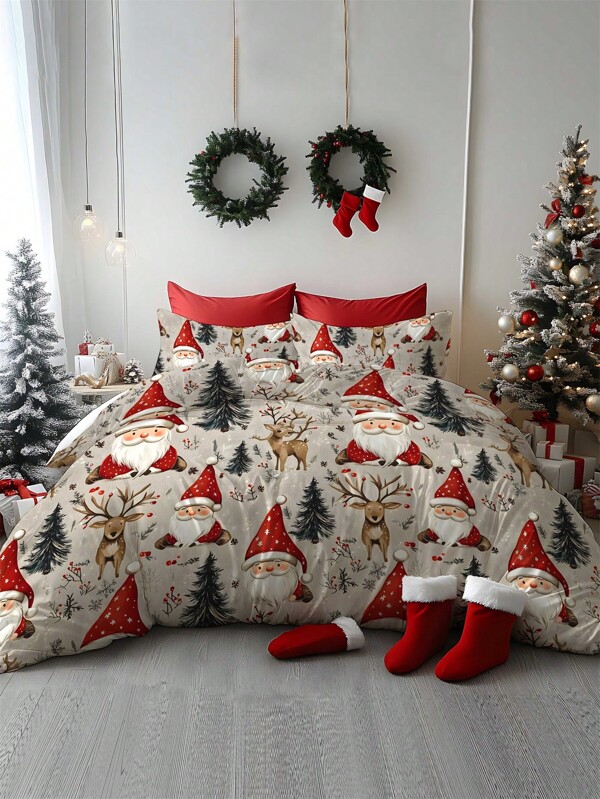 Set de ropa de cama navideña de 2/3 piezas con estampado digital en terciopelo suave de árbol de Navidad, Papá Noel con gorro de Papá Noel y reno, adecuado para dormitorio, habitación de invitados, sala de juegos, hotel, dormitorio, decoración del hogar