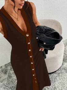 Elenzga Women Colorblock V-Neck Button Design Sleeveless Long Sweater Dress, Autumn