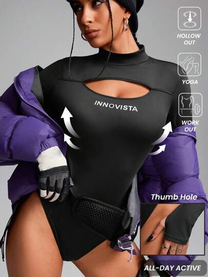 Innovista Women's Solid Color Hollow Out Long Sleeveless Bodysuit For Daily Fitness & Sports, Yoga ,Gym,Spandex Shorts,Hollow Out For Women