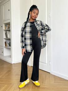 Bộ 3 áo sơ mi kẻ caro đen trắng cỡ lớn cho bé gái tuổi mới lớn, áo ba lỗ lửng và quần ống loe, trang phục thường ngày theo phong cách trường học cho mùa thu, trở lại trường - màu đen - Xem 15