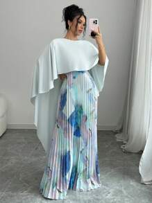 Elenzga Vestido maxi elegante y romántico con estampado de parches y ruedo plisado para mujer