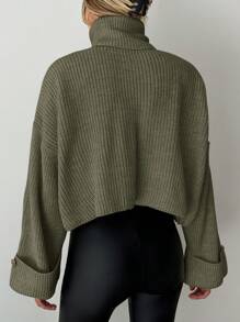 EURMUSE 女士休闲纯色高领落肩短款毛衣，秋季/冬季 - 橄欖綠 - 查看 2