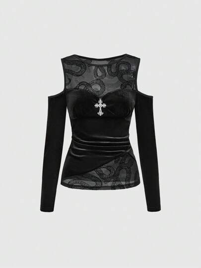 Dark Gothic Sexy Romantic Cross Pendant 2 In 1 Snake Texture Flocked Stretchy Knit Bodycon Women T-Shirt