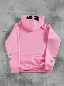 Manfinity EMRG Áo hoodie lót nhiệt in chữ và ngôi sao túi Kangaroo dáng rộng cho nam, mùa thu/đông, vai trễ - Hồng - Xem 2