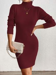 Chiquease Women Simple Solid High Neck Drop Shoulder Loose Fit Sweater Dress