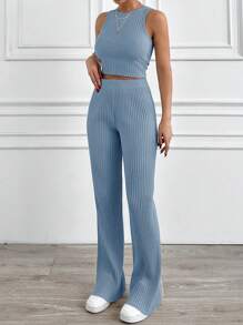 EURMUSE Women Solid Color Cropped Ribbed Tank Top And Straight Leg Pants Casual 2-Piece Set - Dusty Blue - View 4