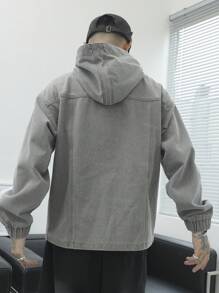 Manfinity Roghcode 男士休闲日常牛仔夹克，带翻盖口袋和连帽，秋季 - 灰色 - 查看 4