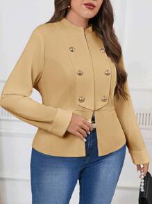 SHEIN Clasi Plus Size Elegant Double-Breasted Solid Color Long Sleeve Minimalist Jacket For Casual Wear - Khaki - View 4