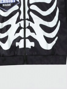 ROMWE MEN Street Life Sudadera con capucha y cremallera con estampado de calavera, estilo urbano