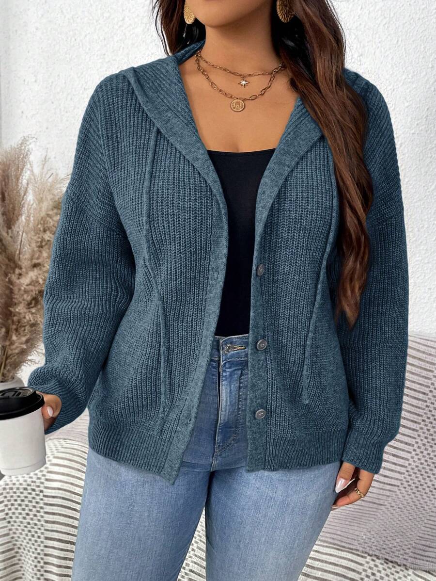 SHEIN LUNE 大码女式纯色休闲针织长袖连帽开衫，秋冬 - 霧霾藍 - 查看 1