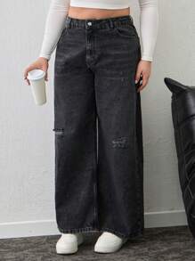 RueChic Plus High Waist Ripped Wide Leg Jean - Black - View 1