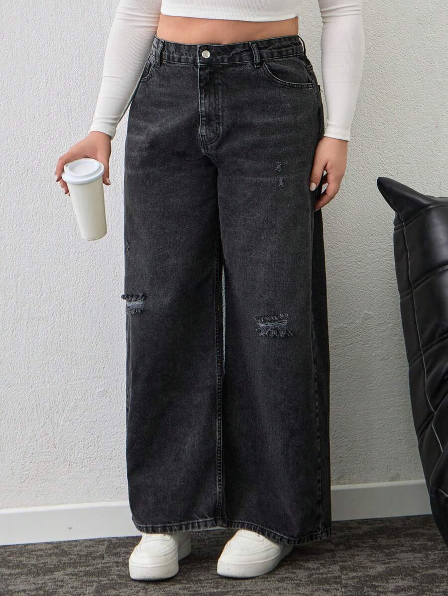 RueChic Plus High Waist Ripped Wide Leg Jean - Black - View 1