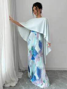 Elenzga Vestido maxi elegante y romántico con estampado de parches y ruedo plisado para mujer