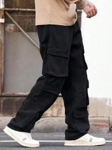 Manfinity Homme Jeans negros de carga casual con múltiples bolsillos para hombre - Negro - Ver 7