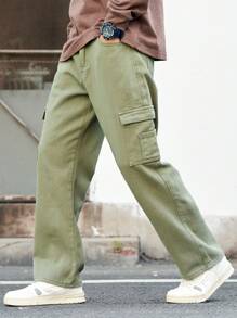 Manfinity Homme 男士简约多口袋休闲牛仔裤，日常穿着 - 軍綠色 - 查看 4