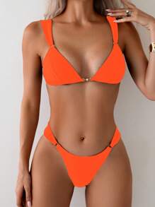SHEIN 1Set Women Solid Color Wide Strap Bikini Top And Bottom Swimwear Summer - Orange - View 3