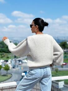 EURMUSE Women Shoulder Padded Sweater With Hairy Yarn - Beige - View 4