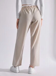 SHEIN PETITE Cotton Women CottnLine Drawstring Waist Front Button Pants - Beige - View 2