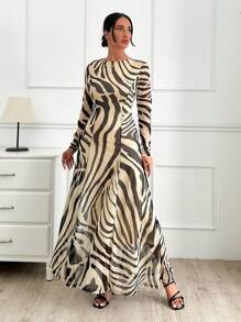 RueChic Women's Black And Beige Print Mesh Fabric Long Dress