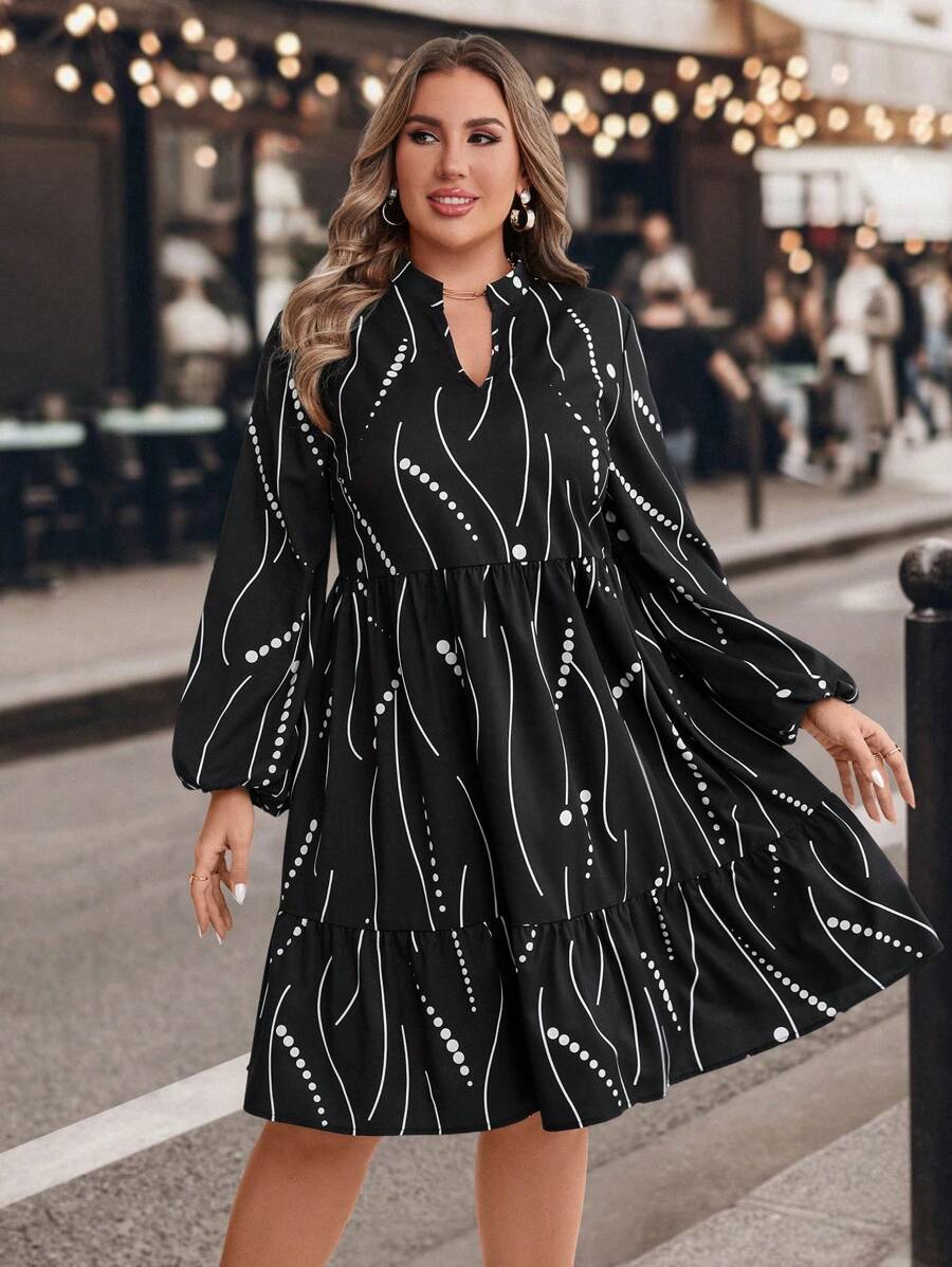 SHEIN Clasi Vestito midi nero a motivo geometrico oversize, abito da ufficio, vestiti da donna autunnali - nero - Visualizzare 1