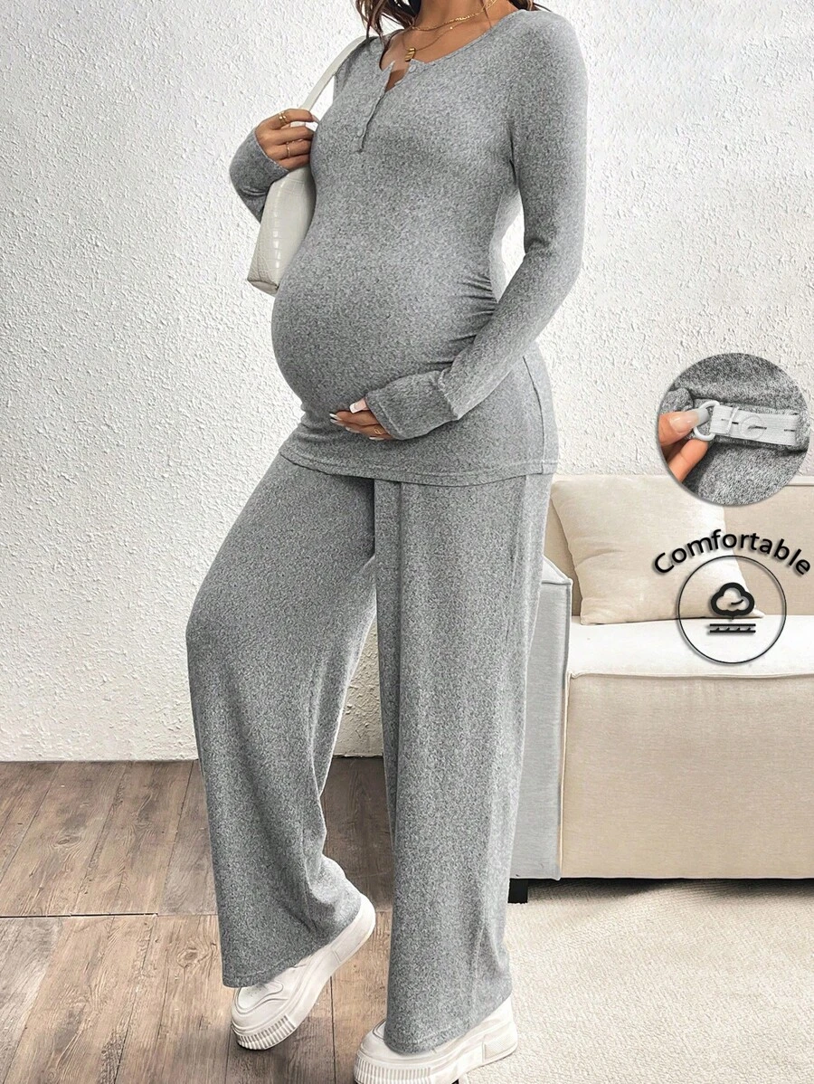 SHEIN 2 件套孕妇休闲纯色半纽扣门襟合身 T 恤和可调节腰部宽松阔腿裤套装 - 灰色 - 查看 1