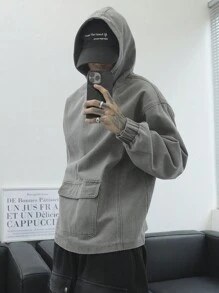 Manfinity Roghcode 男士休闲日常牛仔夹克，带翻盖口袋和连帽，秋季 - 灰色 - 查看 7