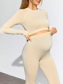SHEIN Maternity Solid Color Round Neck Long Sleeve Cropped T-Shirt And Pants Casual Sports Suit Set - Apricot - View 6