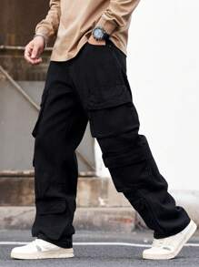 Manfinity Homme Jeans negros de carga casual con múltiples bolsillos para hombre - Negro - Ver 5