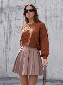 EURMUSE Casual Crew Neck Cable Knit Drop Shoulder Crop Sweater - Camel - View 4