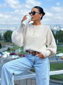 EURMUSE Women Shoulder Padded Sweater With Hairy Yarn - Beige - View 2