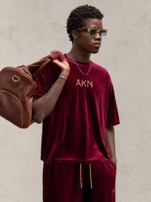 AKNOTIC Party 2pcs Men's Letter Print Crew Neck Fitted T-Shirt And Elastic Waist Casual Pants Set, Suitable For Spring - Burgundy - View 6