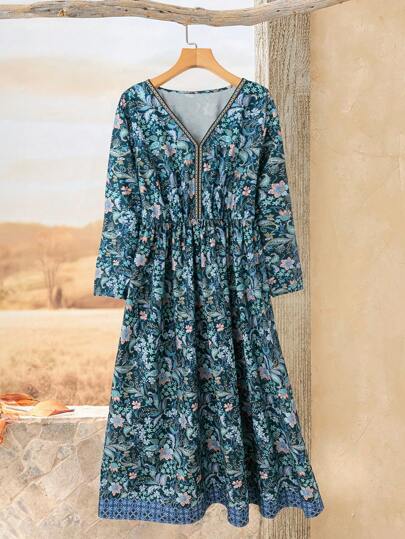 Rusticease Plus Size Women Floral Print Elegant Dress For Winter