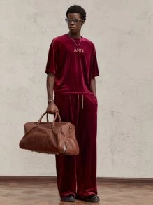 AKNOTIC Party 2pcs Men's Letter Print Crew Neck Fitted T-Shirt And Elastic Waist Casual Pants Set, Suitable For Spring - Burgundy - View 2