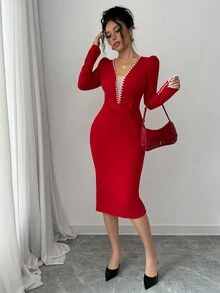 Selianne Valentine's Day Red Long Sleeve Pearl Cinched Waist Bodycon Mesh Patchwork V-Neck Pearl Ruffle Elegant Romantic Women Dress For New Year Clothes Maxi Women Outfit