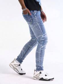 Manfinity Homme 男式撞色口袋拉链紧身休闲牛仔裤 - 中等水洗藍 - 查看 3