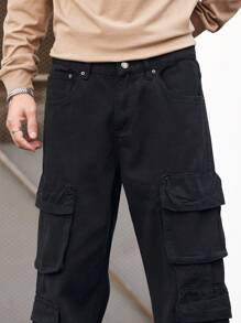 Manfinity Homme Jeans negros de carga casual con múltiples bolsillos para hombre - Negro - Ver 8