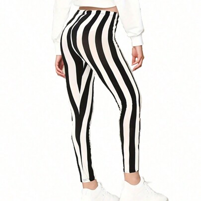 Women's Casual Sports Leggings, Elegant & Comfortable Black & White Striped Print Tight Pants, High Elasticity For Fitness, Workout, Running, Squats,