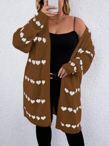 Calvaya Plus Size Heart Pattern Loose Casual Cardigan, Suitable For Autumn And Winter - Mocha Brown - View 1