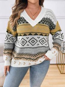 Calvaya 大码女式V领几何图案落肩长袖休闲毛衣，秋冬针织套头衫 - 杏色 - 查看 8